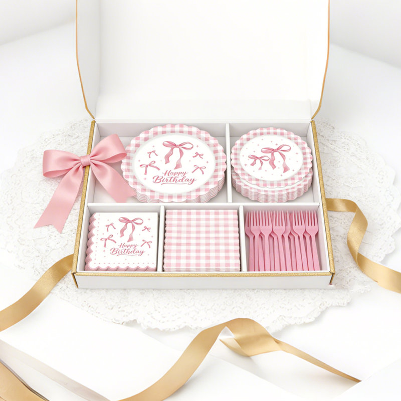 Ensemble de 100 pièces de vaisselle rose 100% Happy Birthday