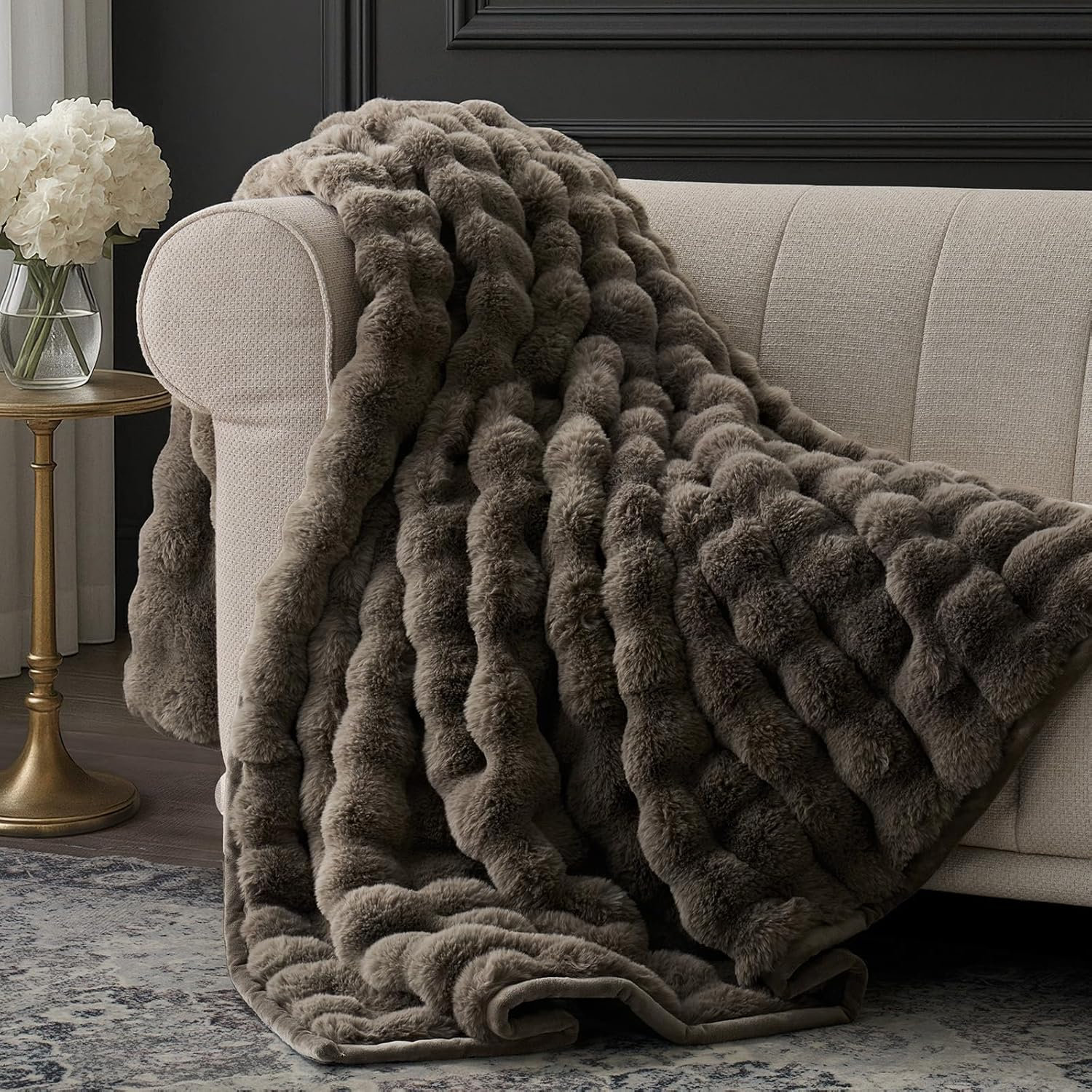 Faux Fur Weighted Throw Blanket, 80" L x 60" W, Dark Taupe