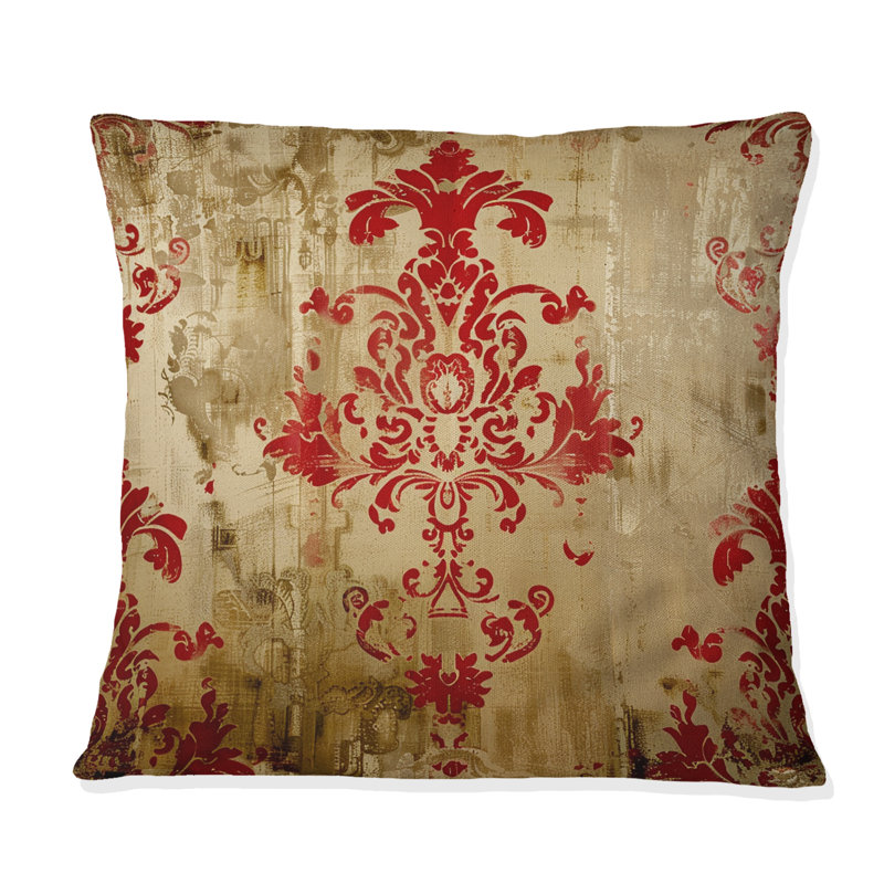 Motif damassé rouge et or baroque - coussin damassé rouge, H 16 po x l 16 po, Carrée