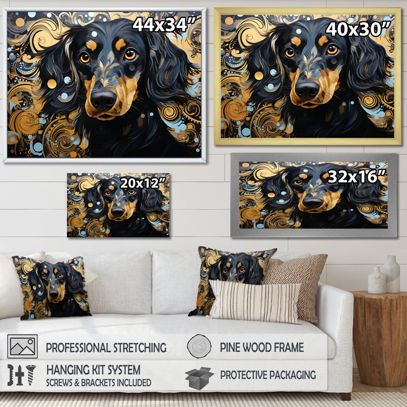 «Funny Daschund Portrait II», reproduction sur toile, H 30 po x l 40 po x P 1,5 po, Cadre doré à coins fermés