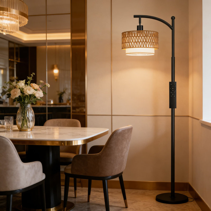 Arc Floor Lamp With Remote Control - Adjustable Brightness & Color Temperature, Double Drum Rattan And Fabric Lampshades, Stepless Dimming, Easy Assembly, Bulb Included
