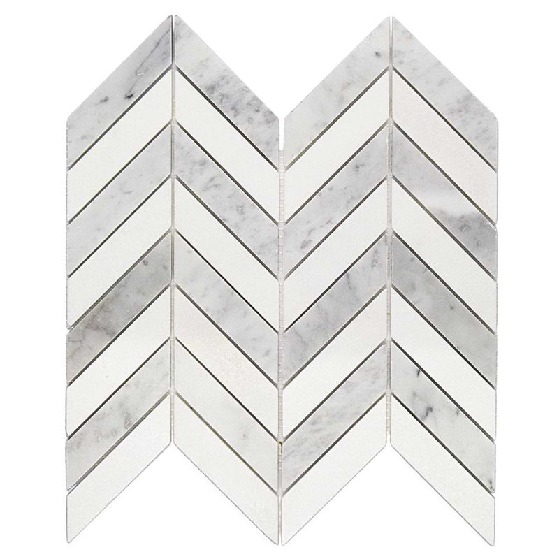 Talon 1x4 Chevron Polished Marble Mosaic Tile, Carrara/Thassos