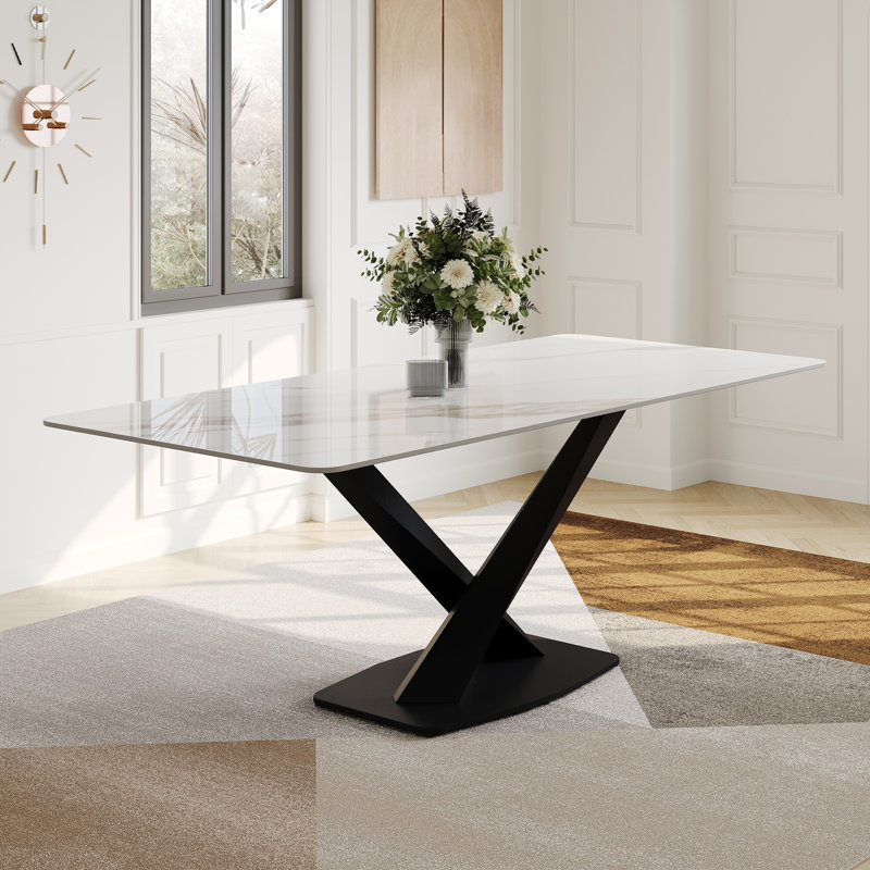 Modern Rectangular Dining table with Glossy Sintered Stone Table top, White Kitchen Table with Stainless Steel Legs for Dining Room