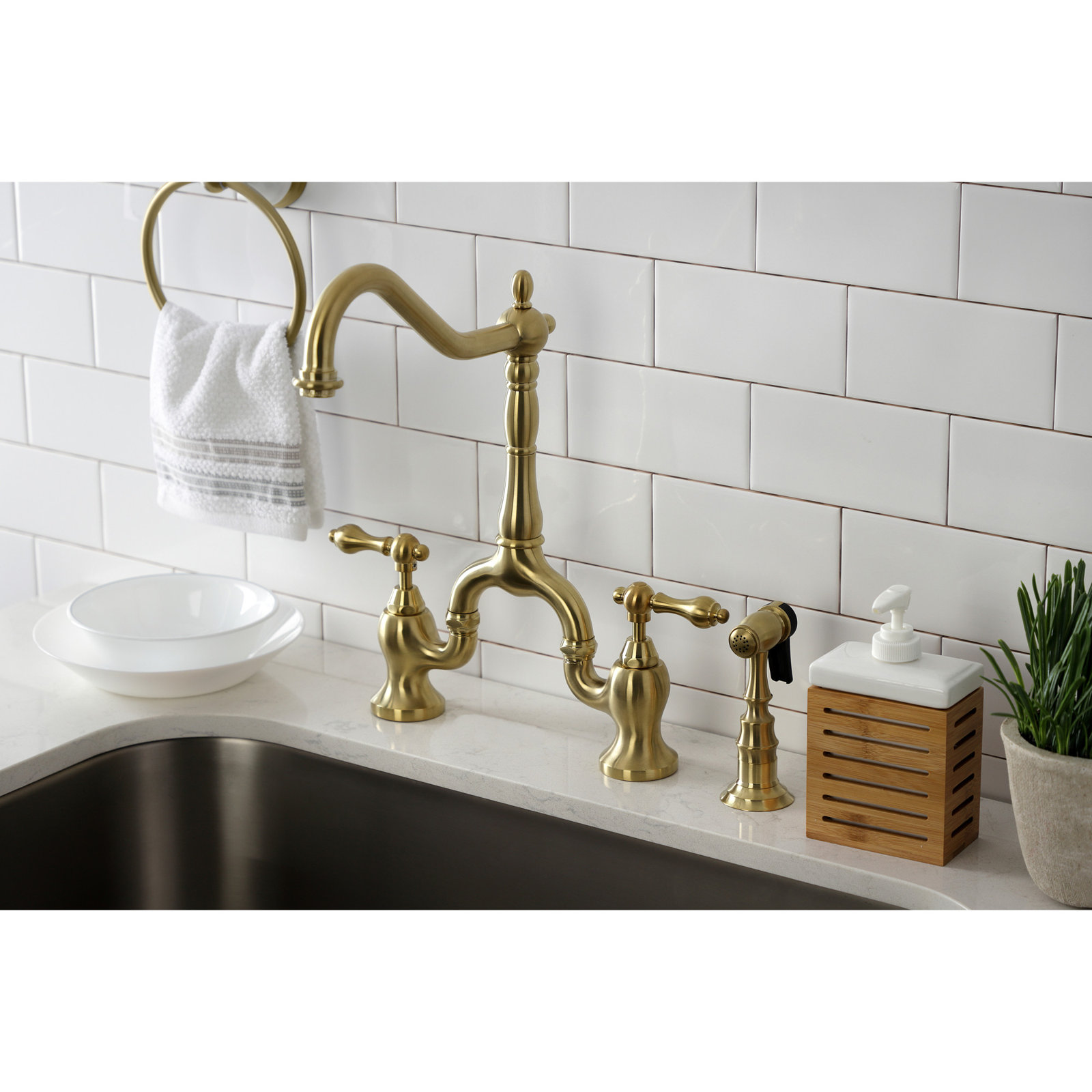 Kingston Brass English Country Bridge Faucet, Brushed Brass