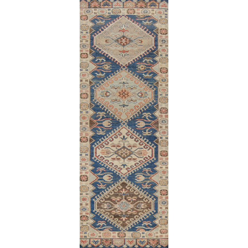 Blue Geometric Oushak Vegetable Dye Runner Rug