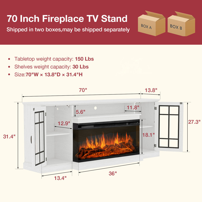 Misconis 70'' W 3-Sided Glass Fireplace TV Stand Storage Credenza, White