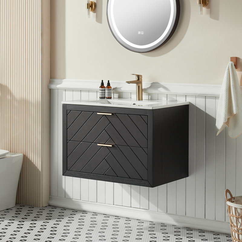 Fully Assembled 30'' Wall-mounted Single Bathroom Vanity with CeramicTop and Solid Wood Frame, Black