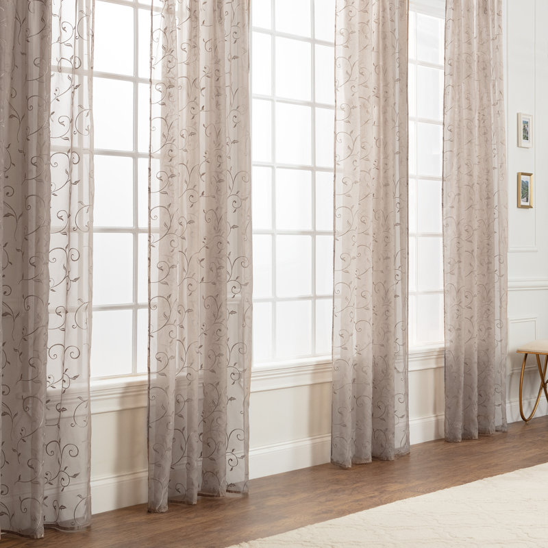 Delicia Floral Sheer Rod Pocket Curtain Panels, Beige, 52" W x 63" L