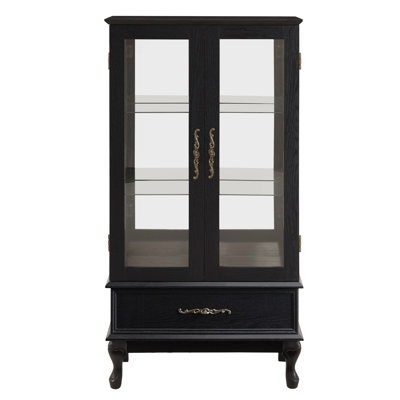 Lighted Curio Cabinet With Glass Doors And Adjustable Shelves 2 Door Wine Cabinet Display Curio Cabinet With LED Lights Light Black Finish And Drawer For Home Decor And Storage