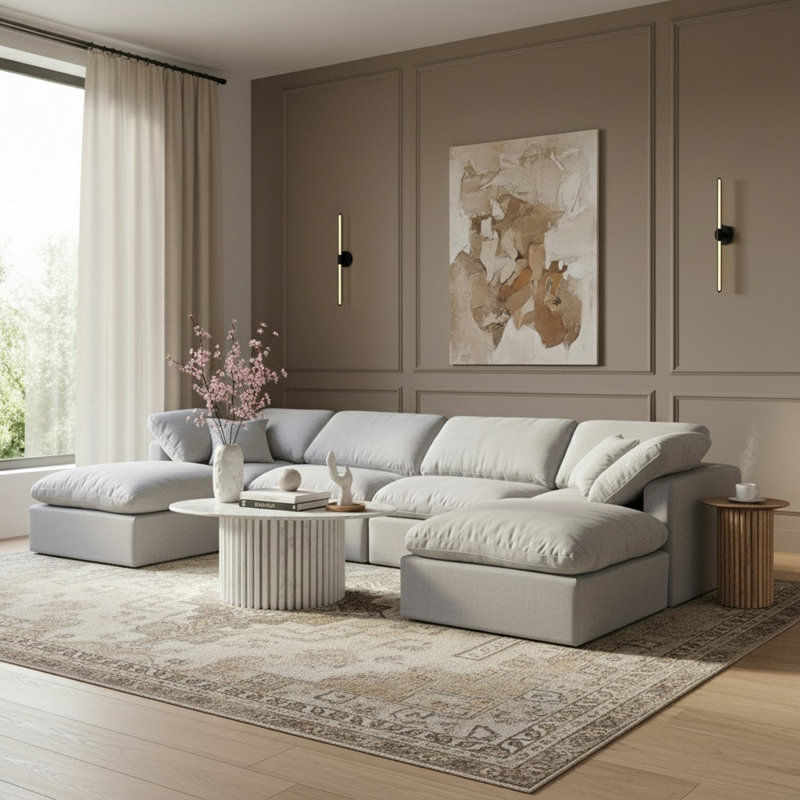 Canapé modulaire en coin 6 pièces Hinami, Tissu gris texturé en lin