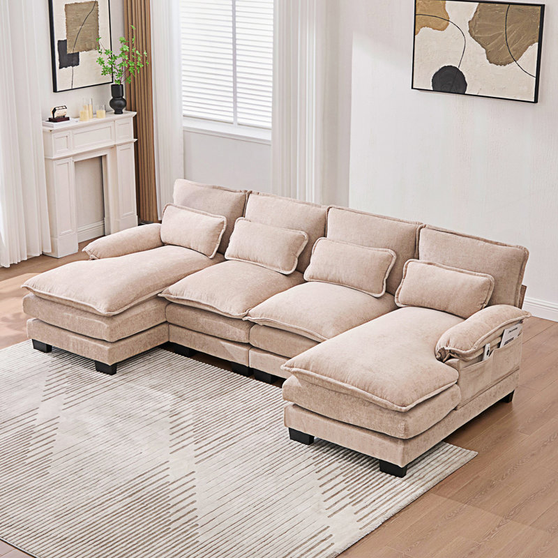 Canapé modulaire en U en chenille confortable 4 places avec méridienne double et mousse à mémoire de forme pour une vie moderne