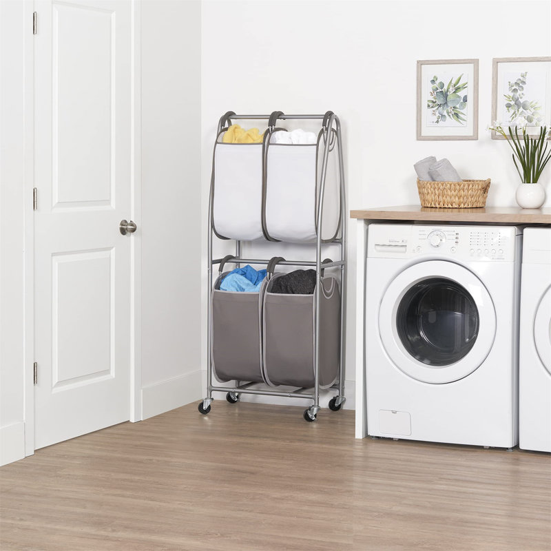 Gray and White Collapsible 4-Bag Laundry Sorter with Wheels
