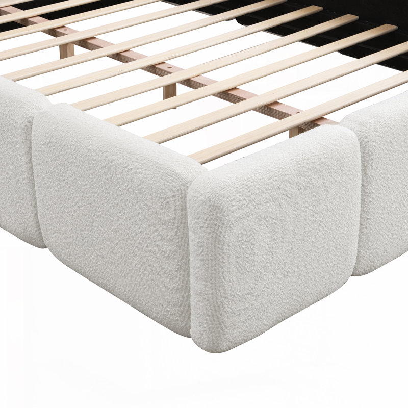 Upholstered Platform Bed With Plush Headboard & Footboard, Queen, White Boucle