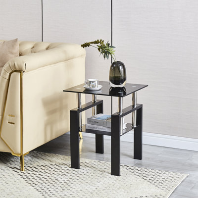 Tempered Glass Sofa Table, 2-Layers End Table With Storage, Living Room Side Table