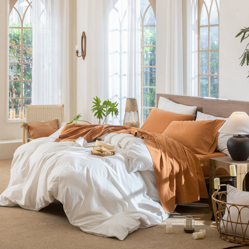 Ensemble de draps MooMee, Ensemble de draps pour très grand lit avec 2 taie, Orange brûlé