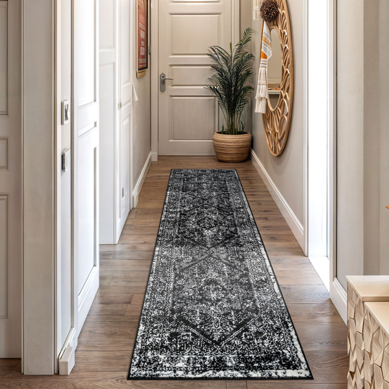 Tapis noir ivoire rétro à médaillon, Tapis de couloir 2 pi 2 po x 12 pi