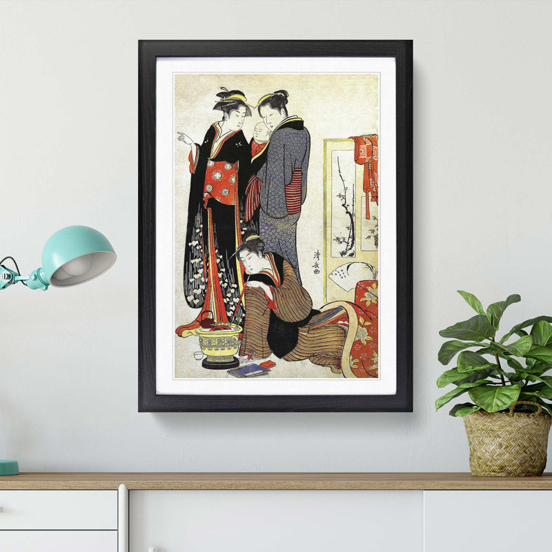 Three Women with a Child by Torii Kiyonaga - Picture Frame Painting Print, Black Framed, 48cm H x 36cm W x 2cm D