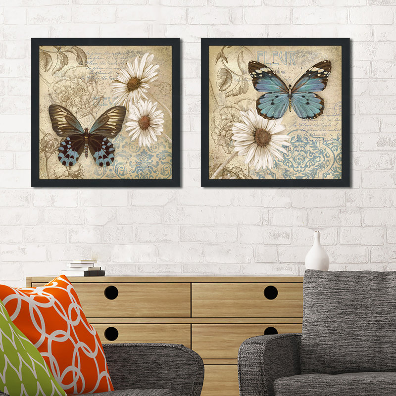 «Butterfly Garden I», ensemble de 2 impressions, H 21,5 po x l 43 po x P 0,75 po, Cadre espresso