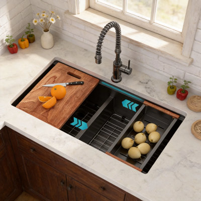 36" Undermount Workstation Kitchen Sink, 50/50 Double Bowl, 16 Gauge T304 Stainless Steel, Gunmetal Black, 10" Deep, Low Divider, with Cutting Board, Colander, Drying Rack and 2 Bottom Grids, Fits 39" Cabinet