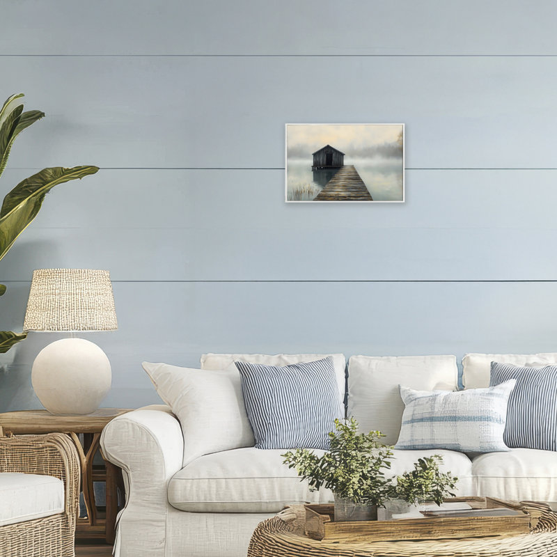 Lakeside Boathouse Dock Framed Giclee, design by LSR Creative Studio, 12" H x 18" W, Coastal White Framed Giclee