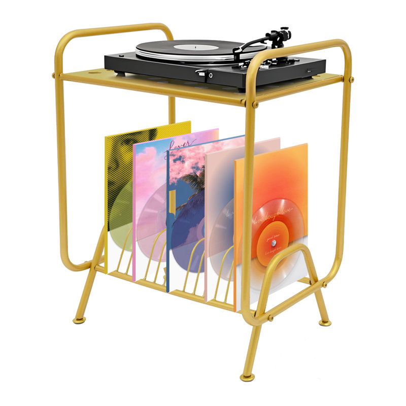 2-Tier Record Player Stand Free Standing Player Stand Record Storage Stand With 4 Foot Pads, Gold