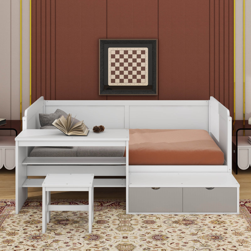 Lit de jour simple avec tablettes de rangement, casiers, bureau et tabouret assorti, Blanc