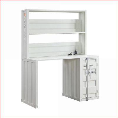 Bureau d'écriture, blanc industriel avec huche, rangement et amp; Tiroir | Métal | Blanc