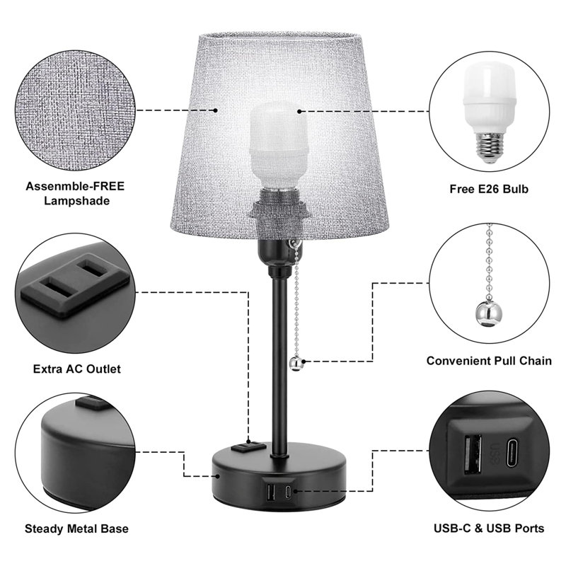 Metal USB Table Lamp, Grey