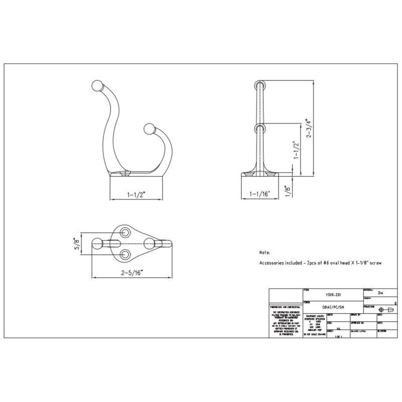 2-516 Double zinc wall mount hook. Finish DBAC., Polished Chrome