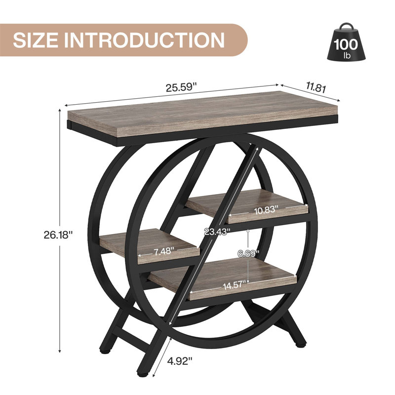 Table de bout étroite industrielle de 25,59 pouces avec tablettes de rangement à 3 niveaux, table d'appoint moderne pour petits espaces
