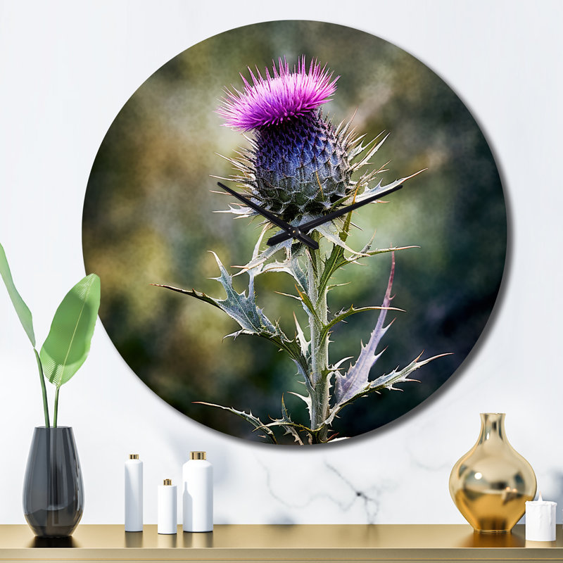 Horloge murale mauve, vert, chardon, plante V, Grand