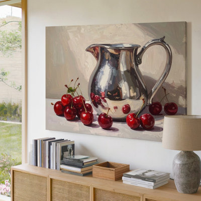 Wall Art Canvas Cherries And Silver Pitcher Canvasrealistic Oil Still Life On Light Table