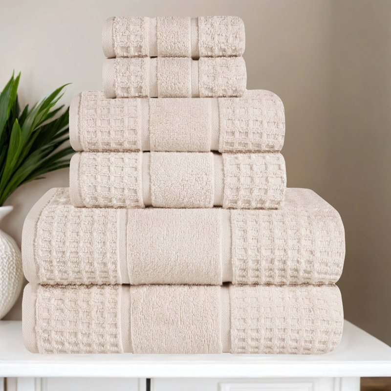Ensemble de serviettes en coton gaufré Hisela Zero Twist, Ivoire, Ensemble 6 serviettes de bain