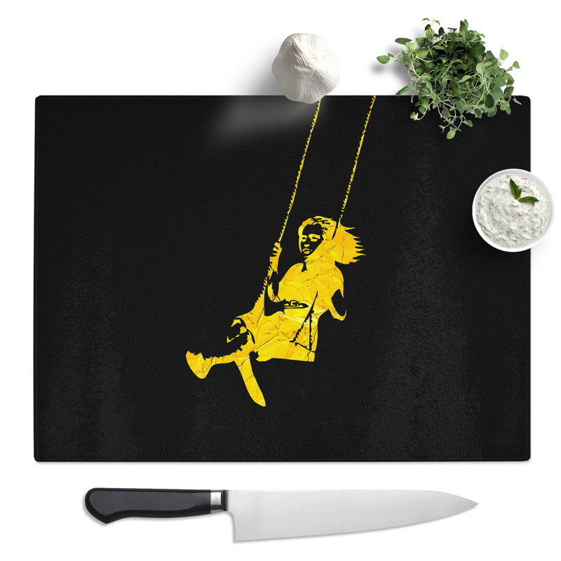 Banksy In Gold Girl On Swing Graffiti  Glass Chopping Board