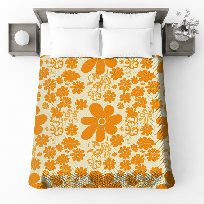 Orange Floral Pattern Quilted Bedspread All Sizes, Queen