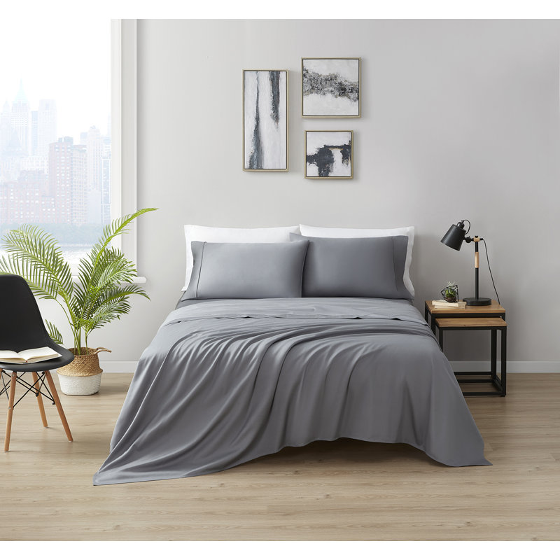 Ensemble de draps en satin 100 % coton d'une contexture de 400 fils, Très grand, Gris