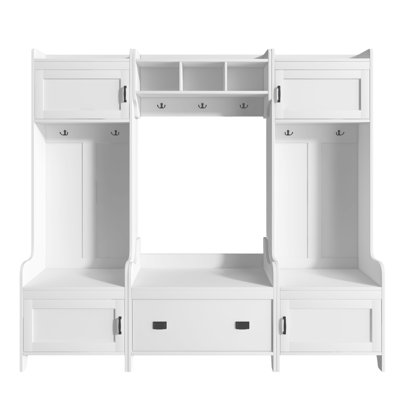 White Hallway Coat Rack, Entryway Bench With Drawer, 4 Cabinets, Rack Bench, 7 Hooks, White, Ample Storage &