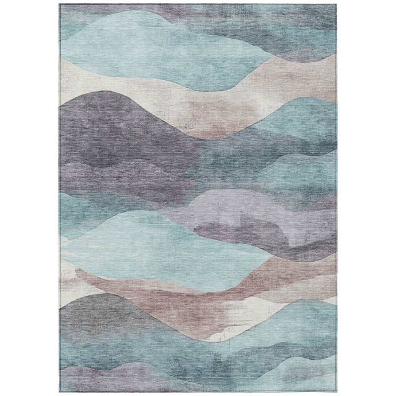 Tapis bleu sarcelle lavable à la machine intérieur / extérieur Xhevrie, Rectangle 2 pi 6 po x 3 pi 10 po