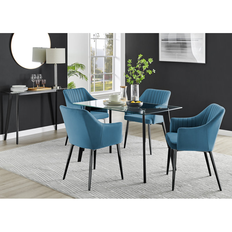 Scandinavian Dining Table Set - Minimalist Style Glass and Metal Leg with 4 Luxury Dining Chairs, Black, Blue/Black