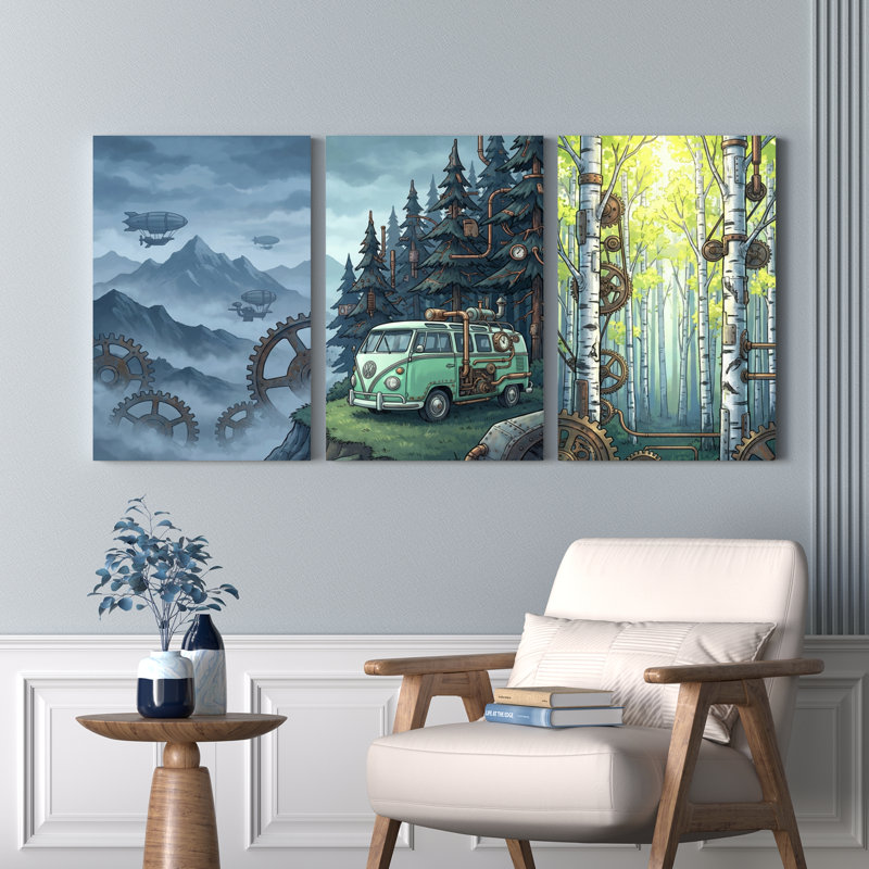 Ensemble de 3 tableaux muraux Steampunk Aventure en forêt, H 24 po x l 48 po