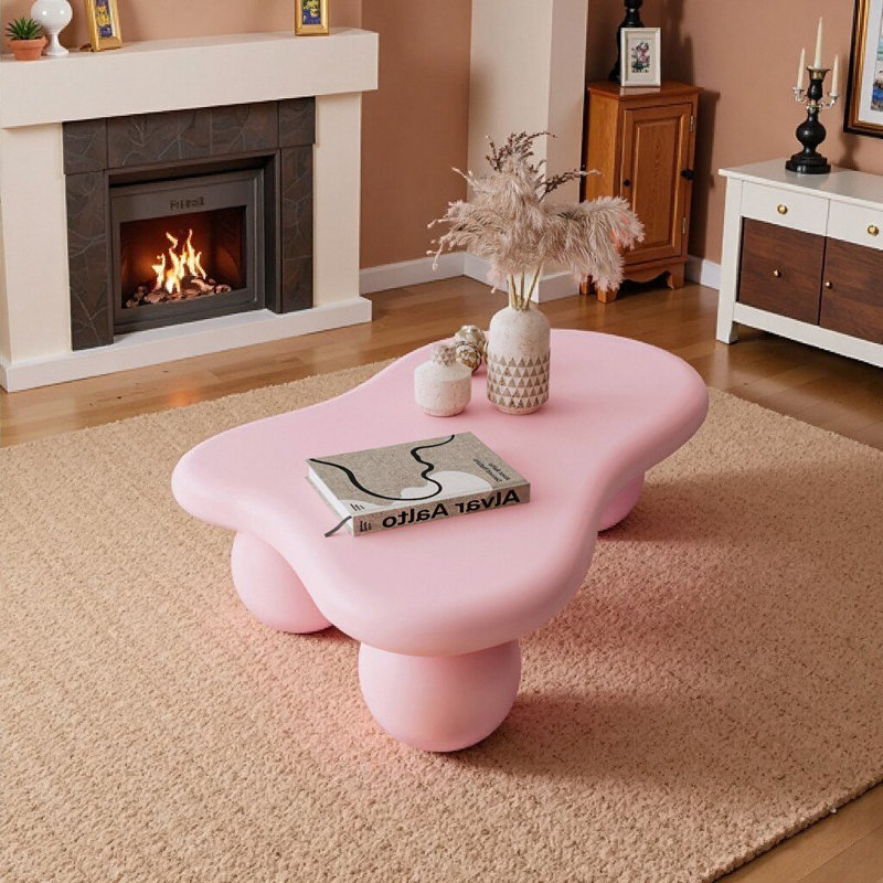 SYROVA Cloud-Shaped Coffee Table with Sculptural Ball Legs, Modern Organic Free-Form Cocktail Table with Rounded Edges for Living Room