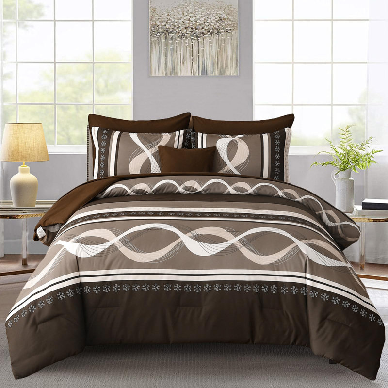 Ensemble d'édredon à rayures 8 pièces Boho, Édredon très grand + 7 pièces supplémentaires, Brun