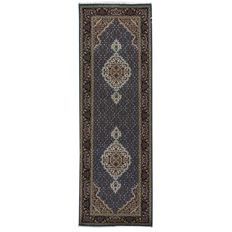Tapis rouge / bleu marine / argent / beige noué à la main de haute qualité