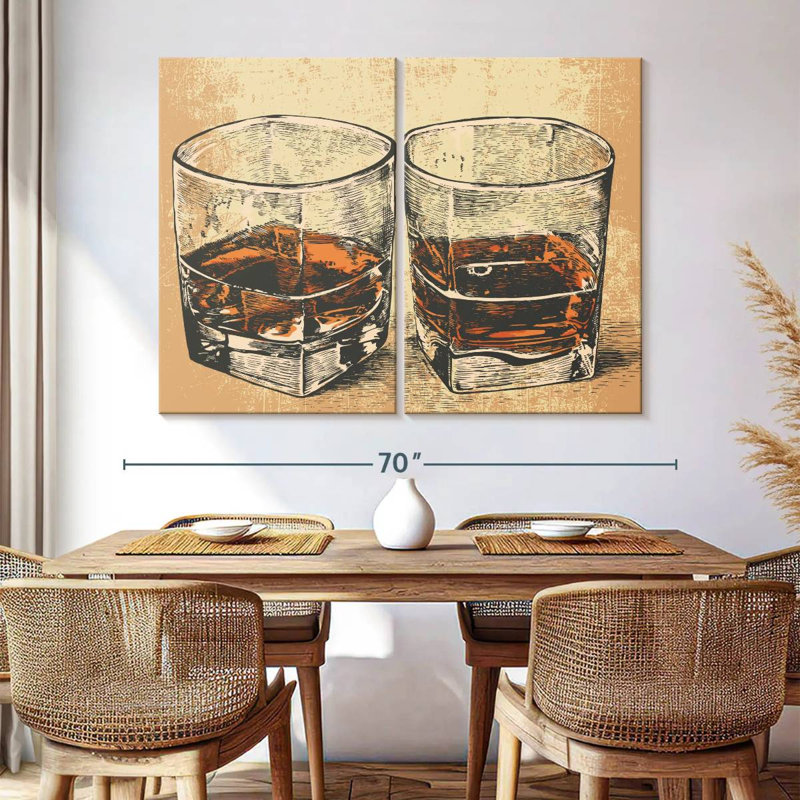 Ensemble de 2 verres à whisky rétro sur toile, H 45 po x l 61 po x P 1,25 po