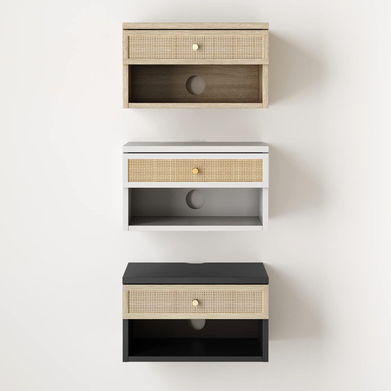 Jackson Rattan Floating Nightstand With Storage Drawer And Open Shelf, Black