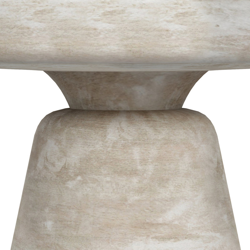 Robbie 16"W Solid Mango Wood Round Accent Table with Sculptural Design, Distressed White Wash