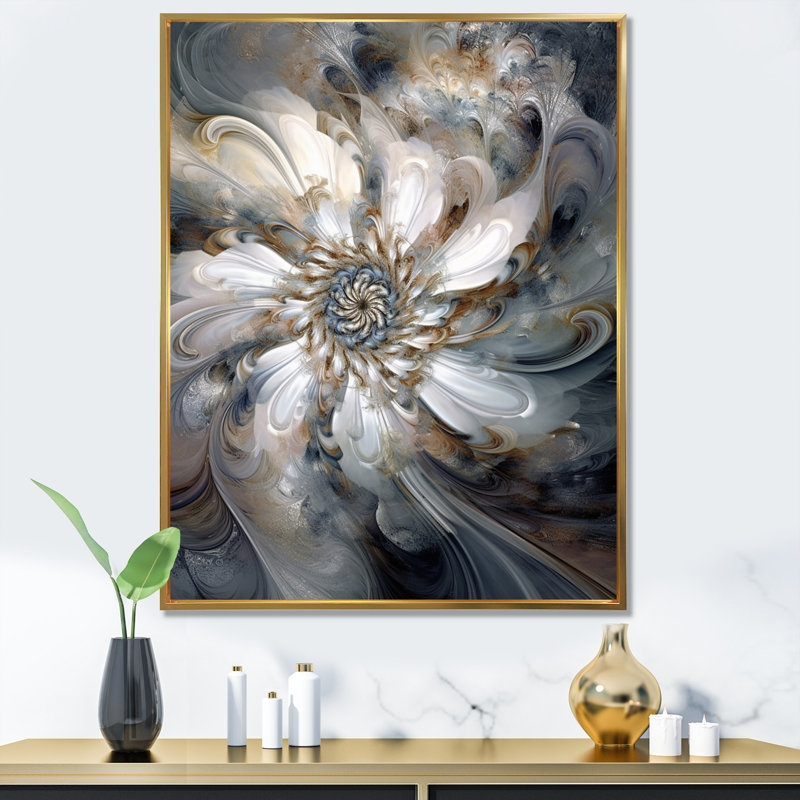 «Blossoming White Fractal Flower I», reproduction d'art sur toile, H 44 po x l 34 po x P 1,5 po, Cadre flottant doré