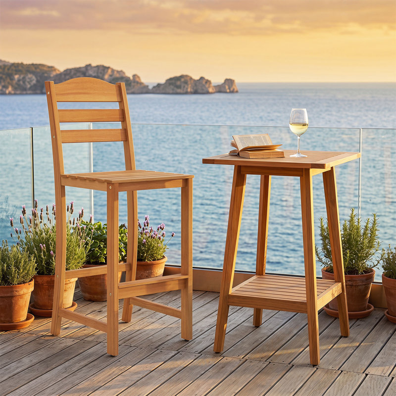 Tabouret de bar en bois d'acacia massif de 29,5 po de hauteur avec dossier et repose-pieds, 1