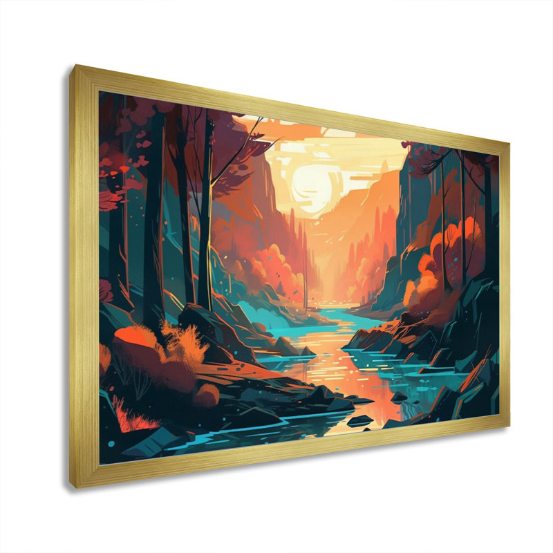" Beautiful Stream At Sunset II ", 16" H x 32" W x 1" D, Gold Picture Framed