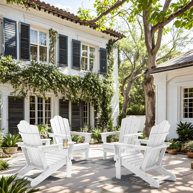 Chaise Adirondack pliante Ayanda en PEHD avec porte-gobelet double (ensemble de 4), Blanc